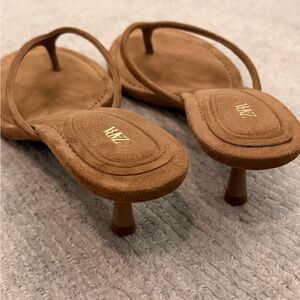 ZARA Suede Tan Brown Thong Kitten Heel Sandals